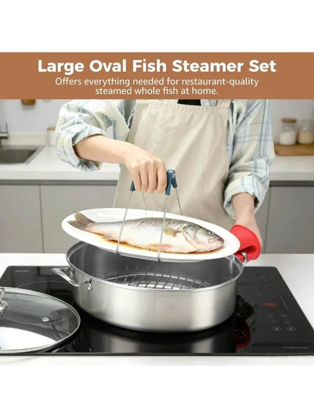 Multi-Use Stainless Steel Fish Steamer Set with Glass Lid, Rack & Gloves